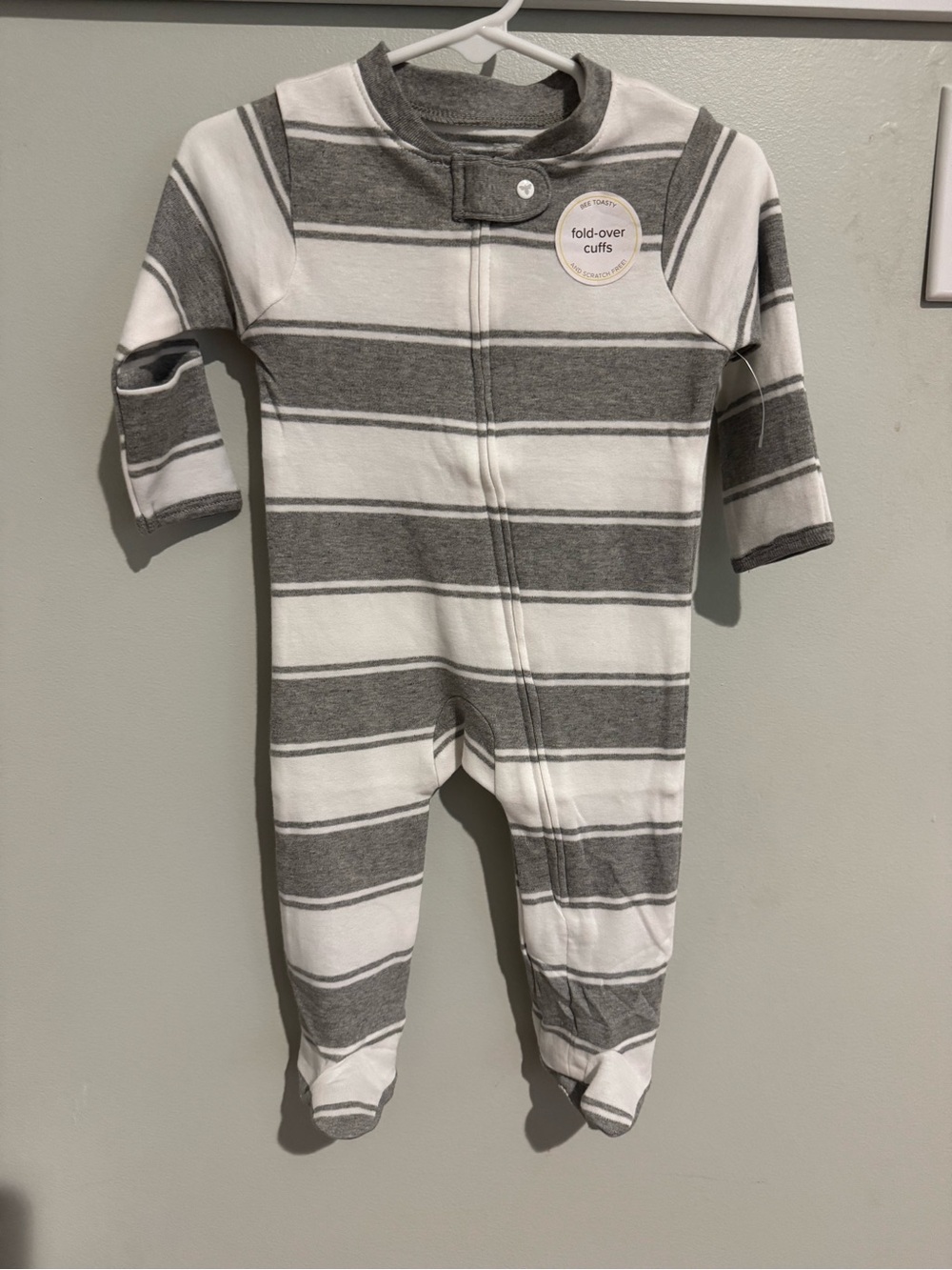 0-3M Burt's Bees Gray & White Striped Footed One-Piece- Brand New without Tag